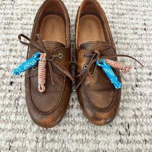 Aritzia Brown Leather Loafers with Blue Accents